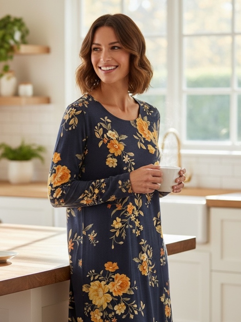 Old Navy Jersey-Knit Long-Sleeve Floral Swing Dress Navy/Multi XL